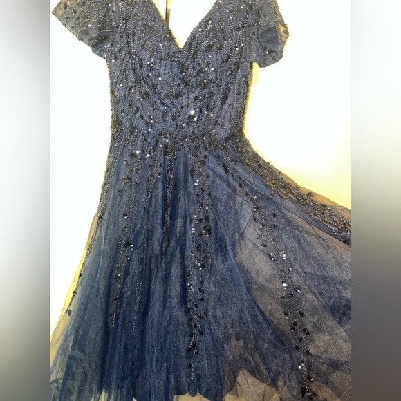 Mac Duggal 20304 NWT EMBELLISHED FLUTTER SLEEVE TEA-LENGTH DRESS - Blue - Picture 7 of 15